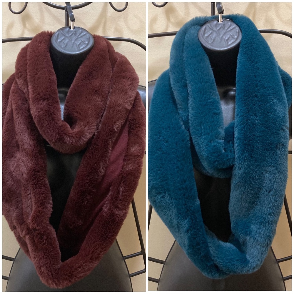 2 for 1! Lane Bryant Faux Fur Infinity Scarves, Burgundy and Teal (NWT)